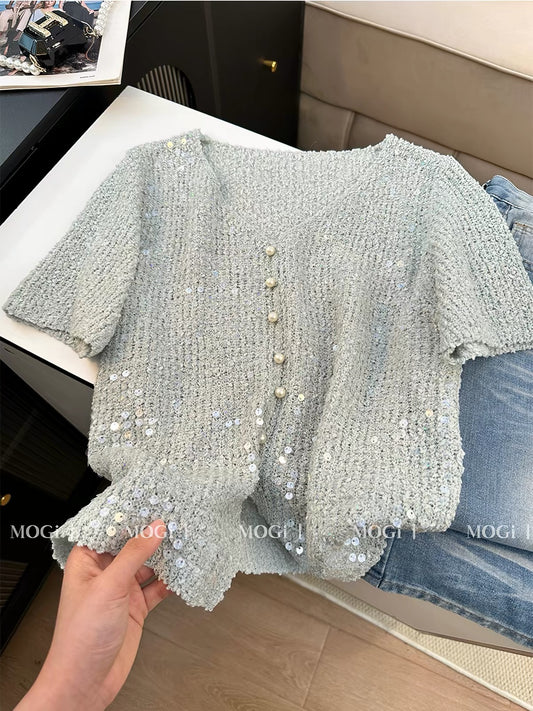Women's Summer V-Neck Short-Sleeve Cardigan – Chic, Sophisticated "French-Chic" Style with Pearl Buttons