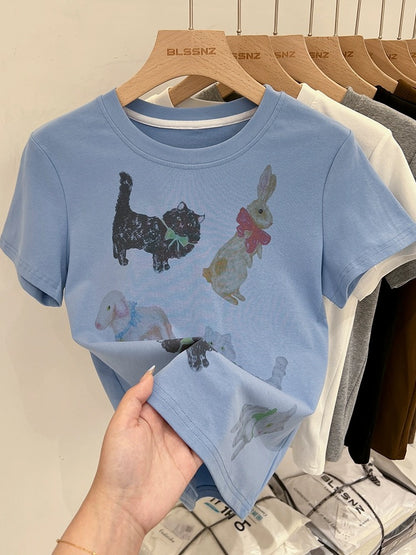 Cartoon printed cotton right shoulder short-sleeved T-shirt for women summer 2024 new style American half-sleeved T-shirt short top trendy