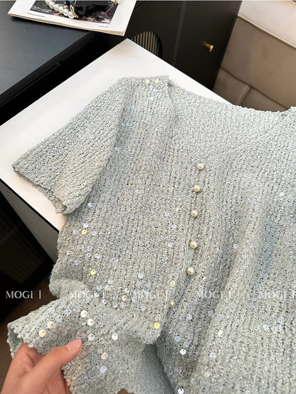 Women's Summer V-Neck Short-Sleeve Cardigan – Chic, Sophisticated "French-Chic" Style with Pearl Buttons