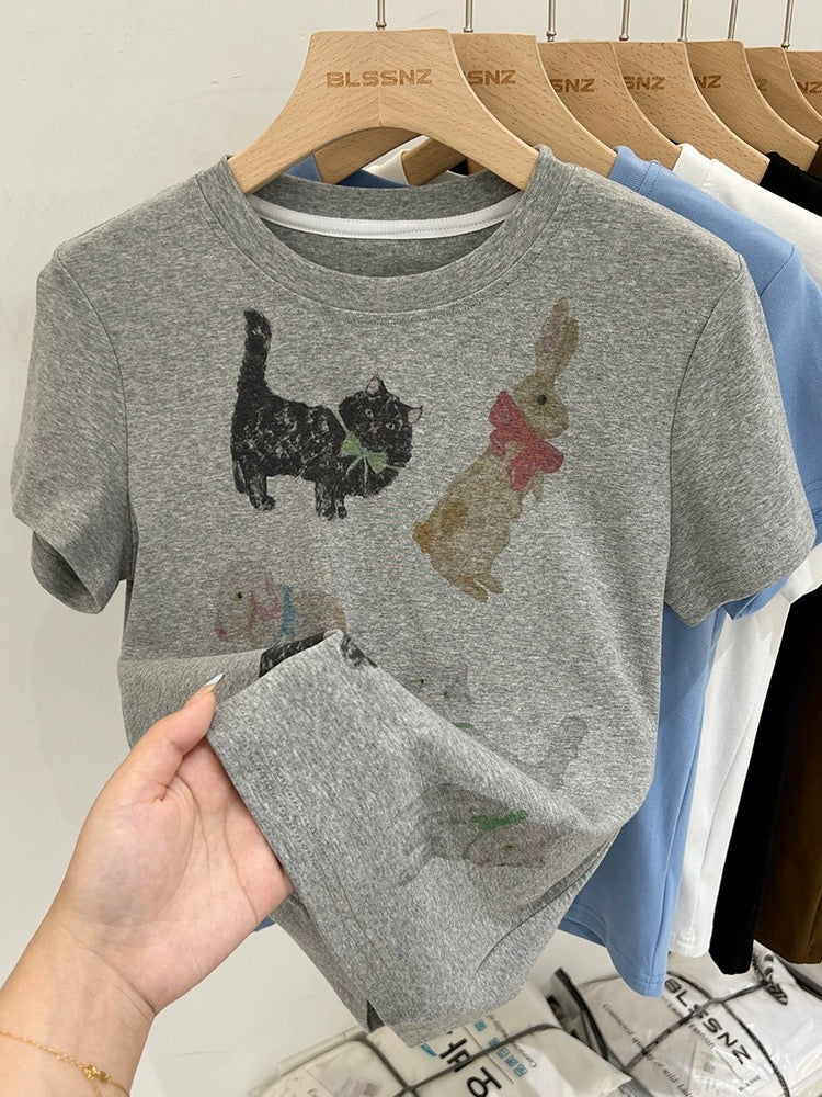 Cartoon printed cotton right shoulder short-sleeved T-shirt for women summer 2024 new style American half-sleeved T-shirt short top trendy