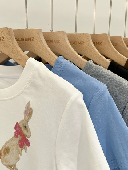 Cartoon printed cotton right shoulder short-sleeved T-shirt for women summer 2024 new style American half-sleeved T-shirt short top trendy