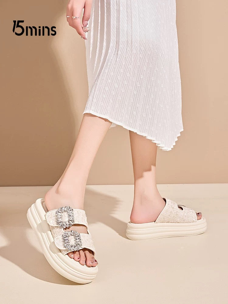 15mins thick-soled sandals for women 2025 summer new flat-soled soft-soled square buckle rhinestones with skirt beach shoes for women