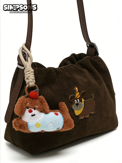 SIMS Original Merlad Cute Puppy Embroidered Bun Phone Bag for Women, Brown Shoulder Crossbody Bag, Mini Handbag