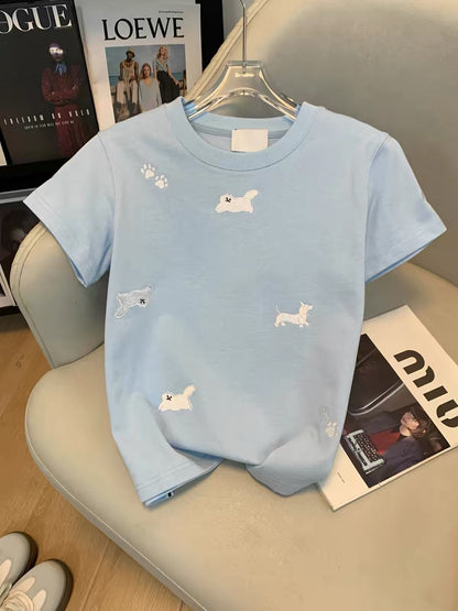 Women's Summer T-Shirt: Cute & Fresh Cat/Dog Embroidery, Regular-Shoulder Fit, Harajuku Style, Versatile Top Ideal for Petite Figures.