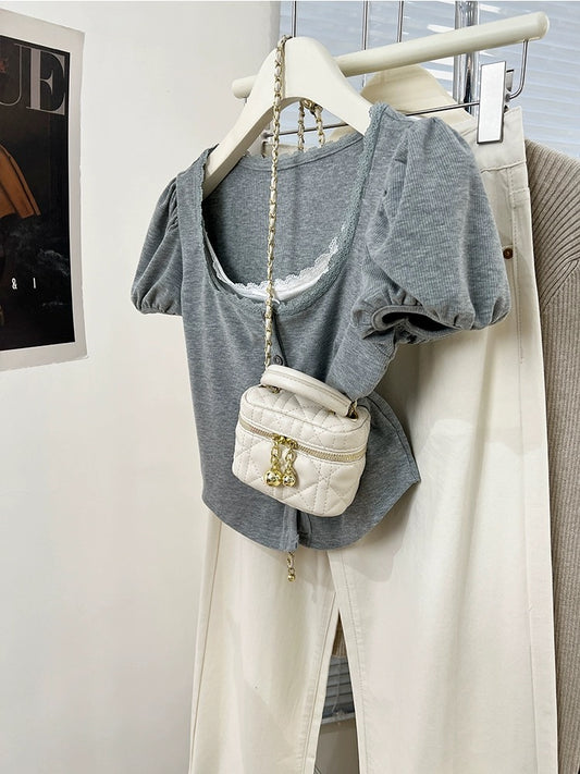 European fake two-piece lace short-sleeved T-shirt for women summer 2024 new design niche puff-sleeved short top