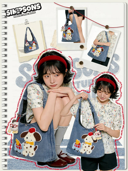 SIMS Original Spring/Summer Denim Shoulder Bag for Women, Cute Puppy Appliqué, Large Capacity, Commuter & Everyday Handbag Tote Bag