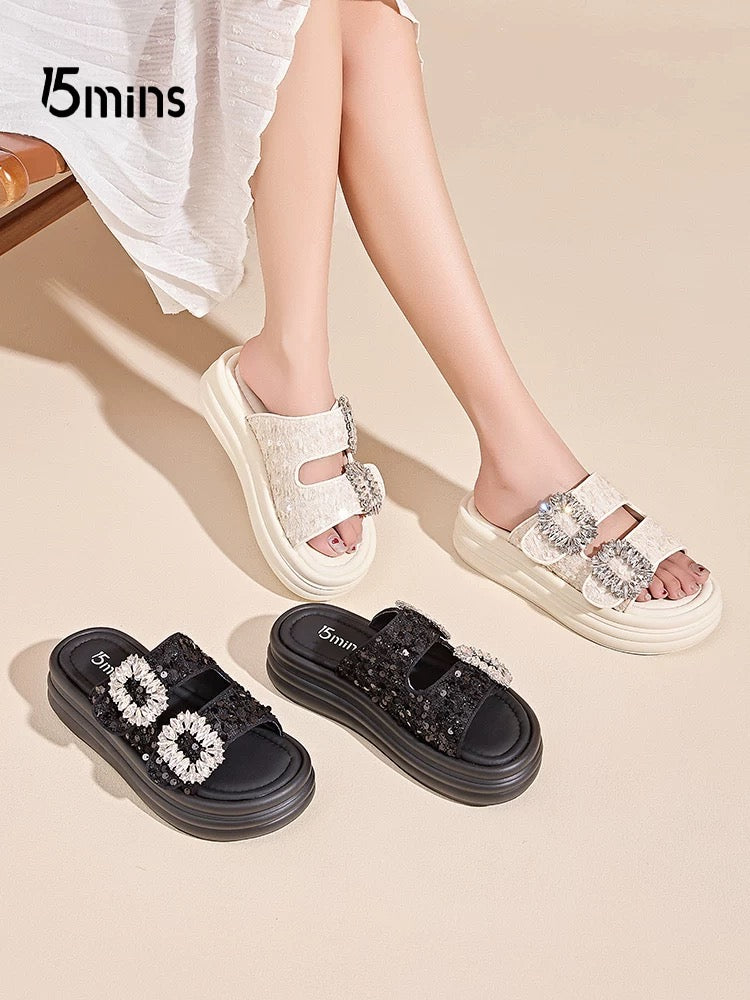 15mins thick-soled sandals for women 2025 summer new flat-soled soft-soled square buckle rhinestones with skirt beach shoes for women