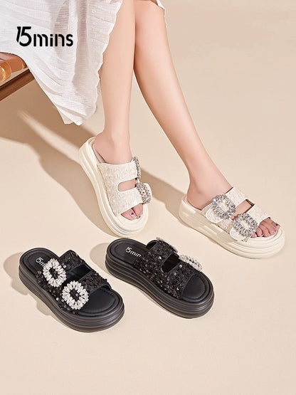 15mins thick-soled sandals for women 2025 summer new flat-soled soft-soled square buckle rhinestones with skirt beach shoes for women