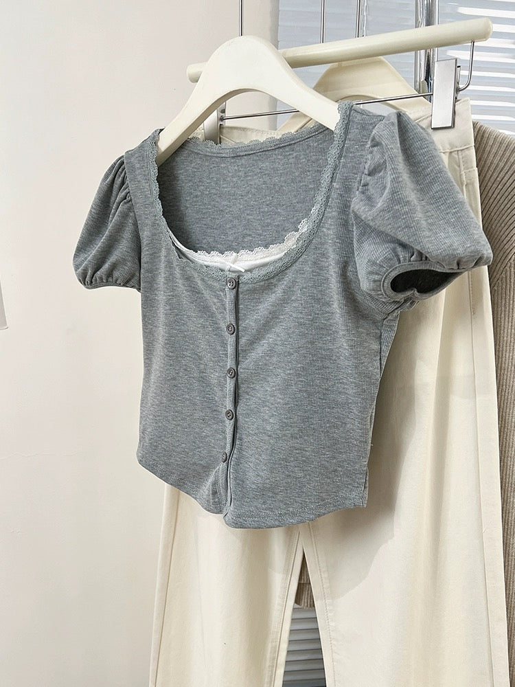 European fake two-piece lace short-sleeved T-shirt for women summer 2024 new design niche puff-sleeved short top