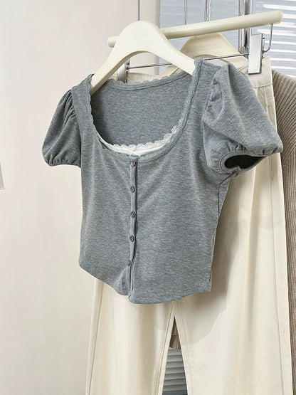 European fake two-piece lace short-sleeved T-shirt for women summer 2024 new design niche puff-sleeved short top