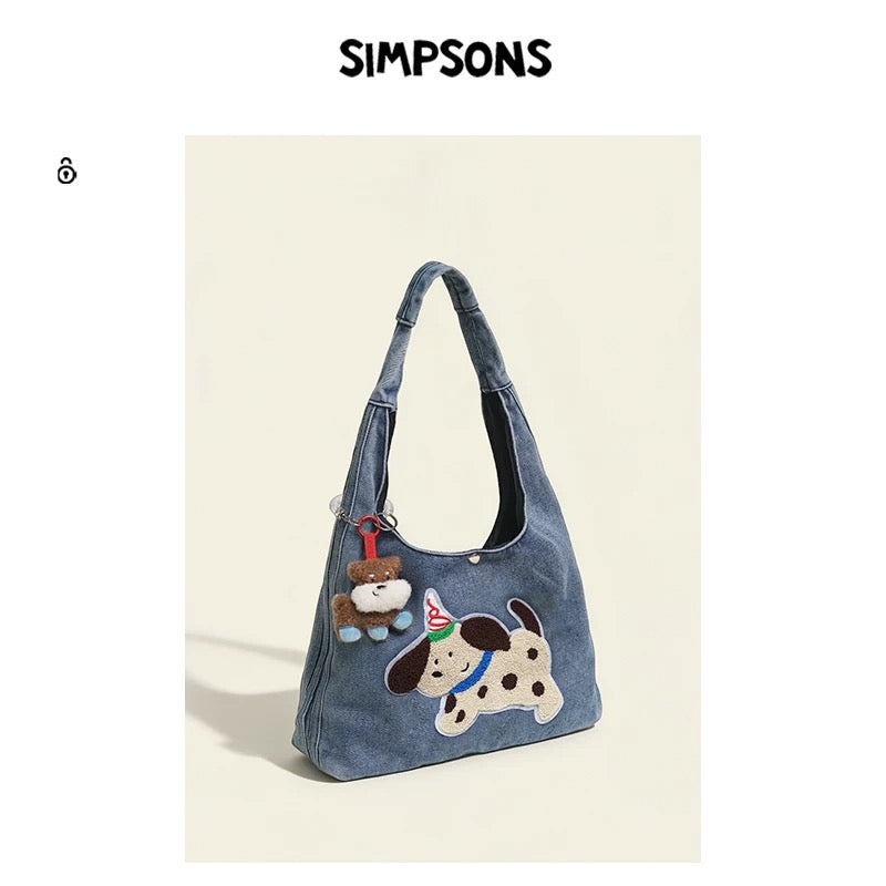 SIMS Original Spring/Summer Denim Shoulder Bag for Women, Cute Puppy Appliqué, Large Capacity, Commuter & Everyday Handbag Tote Bag