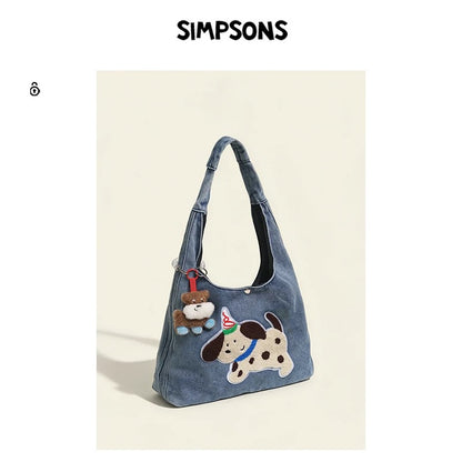SIMS Original Spring/Summer Denim Shoulder Bag for Women, Cute Puppy Appliqué, Large Capacity, Commuter & Everyday Handbag Tote Bag