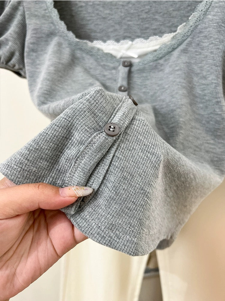 European fake two-piece lace short-sleeved T-shirt for women summer 2024 new design niche puff-sleeved short top