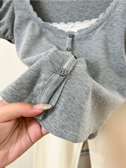 European fake two-piece lace short-sleeved T-shirt for women summer 2024 new design niche puff-sleeved short top