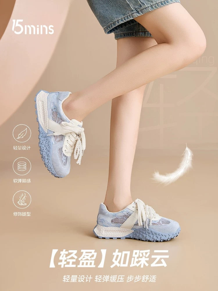 15mins blue Dexun shoes for women 2025 new summer lace breathable mesh shoes ballet shoes casual shoes