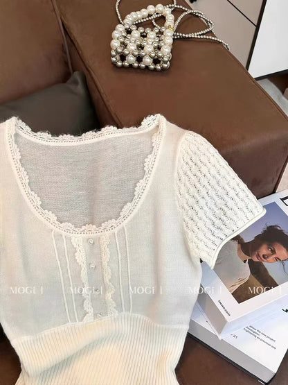 French-style U-neck lace-trimmed knit short-sleeve top for women—a new Spring/Summer arrival featuring a sophisticated, slim-fit, and versatile design that exudes an elegant yet alluring charm.