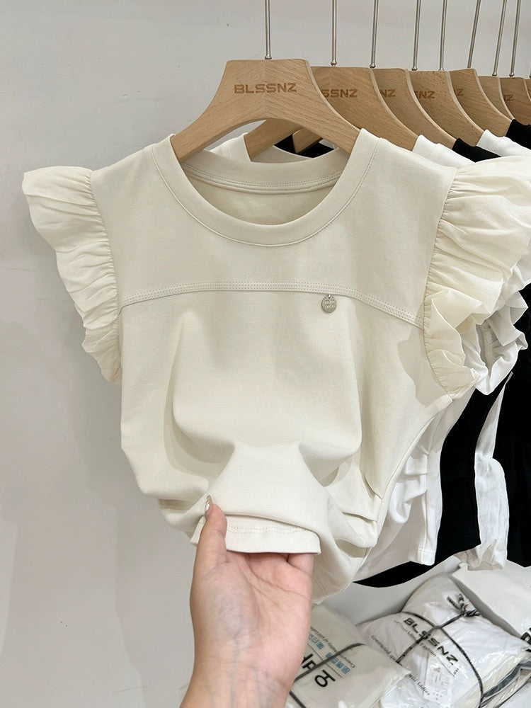 Designed ruffled small flying sleeve short-sleeved T-shirt for women summer 2024 new round neck pleated waist slimming top