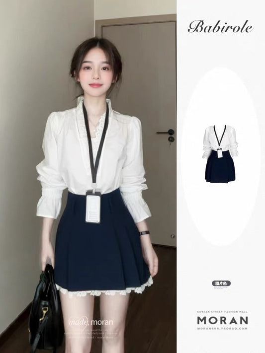 Korean drama heroine wears a complete set of temperament high-end white shirt niche A-line skirt open autumn two-piece suit female