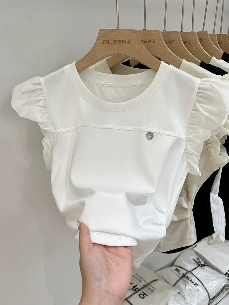 Designed ruffled small flying sleeve short-sleeved T-shirt for women summer 2024 new round neck pleated waist slimming top
