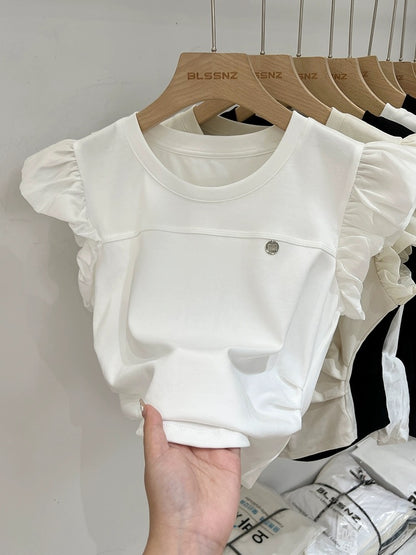 Designed ruffled small flying sleeve short-sleeved T-shirt for women summer 2024 new round neck pleated waist slimming top