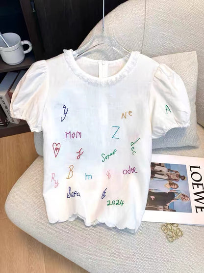 Women's Japanese-style linen-blend short T-shirt featuring playful letter embroidery; a unique, casual, and versatile design that offers a youthful look—perfect for summer.