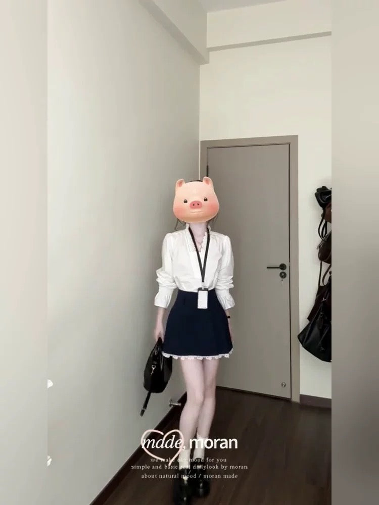 Korean drama heroine wears a complete set of temperament high-end white shirt niche A-line skirt open autumn two-piece suit female