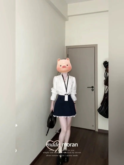 Korean drama heroine wears a complete set of temperament high-end white shirt niche A-line skirt open autumn two-piece suit female