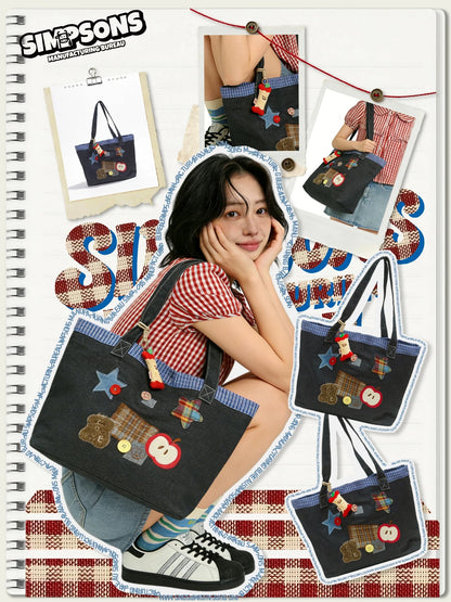 SIMS Original College Style Cartoon Apple Patchwork Tote Bag for Women, Large Capacity Shoulder Bag