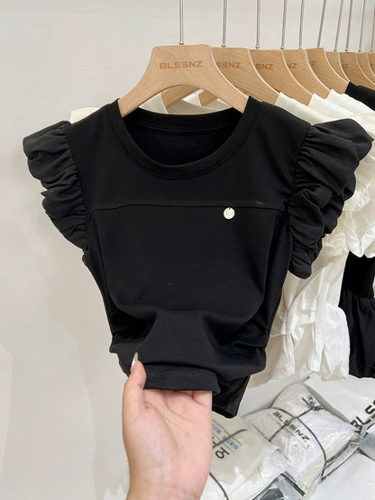Designed ruffled small flying sleeve short-sleeved T-shirt for women summer 2024 new round neck pleated waist slimming top