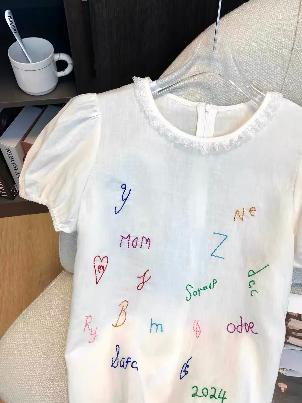 Women's Japanese-style linen-blend short T-shirt featuring playful letter embroidery; a unique, casual, and versatile design that offers a youthful look—perfect for summer.
