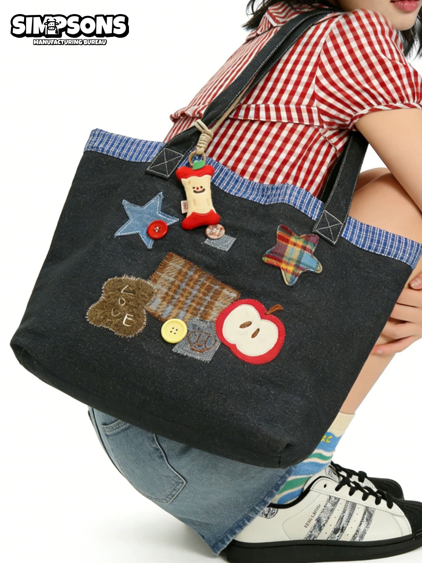SIMS Original College Style Cartoon Apple Patchwork Tote Bag for Women, Large Capacity Shoulder Bag