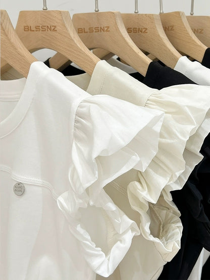 Designed ruffled small flying sleeve short-sleeved T-shirt for women summer 2024 new round neck pleated waist slimming top