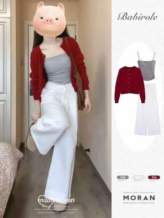 Korean drama temperament three-piece suit red knitted cardigan wide-leg pants suit autumn outerwear short sweater jacket top
