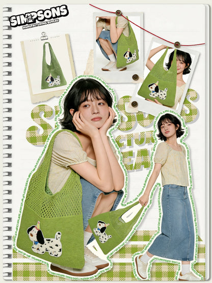 SIMS Summer Lightweight Tote Bag with Cute Puppy Embroidery, Green Knit Tote Bag, Women's Shoulder Bag, Large Capacity Casual Bag