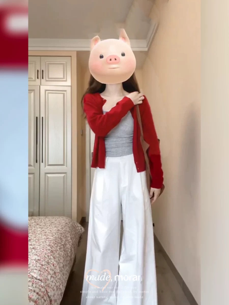 Korean drama temperament three-piece suit red knitted cardigan wide-leg pants suit autumn outerwear short sweater jacket top