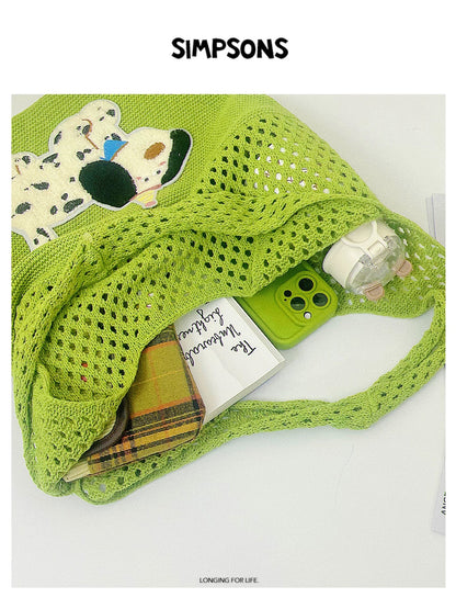 SIMS Summer Lightweight Tote Bag with Cute Puppy Embroidery, Green Knit Tote Bag, Women's Shoulder Bag, Large Capacity Casual Bag