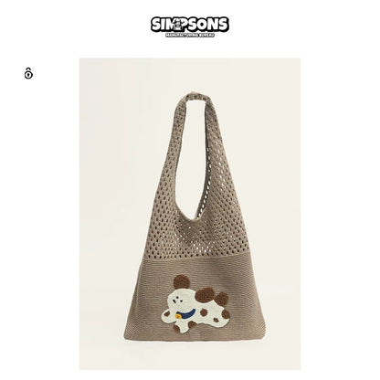 SIMS Summer Lightweight Tote Bag with Cute Puppy Embroidery, Green Knit Tote Bag, Women's Shoulder Bag, Large Capacity Casual Bag
