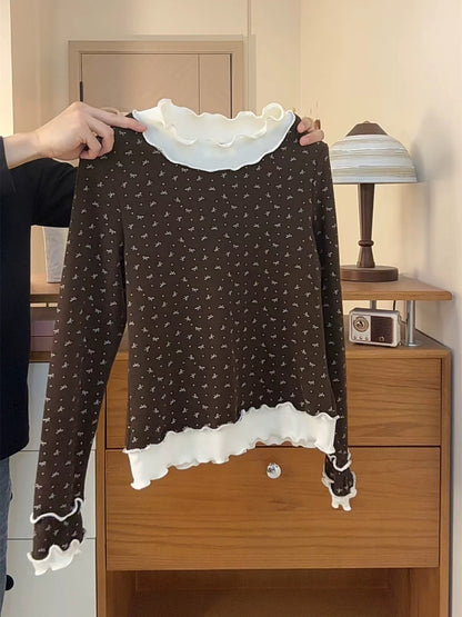 Original, handmade bow-print polka dot long-sleeved women's ruffled trim faux two-piece, high-neck, thick base layer top