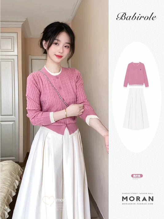 Korean style gentle pink knitted cardigan A-line long skirt two-piece set fashionable and age-reducing early autumn wear a complete set