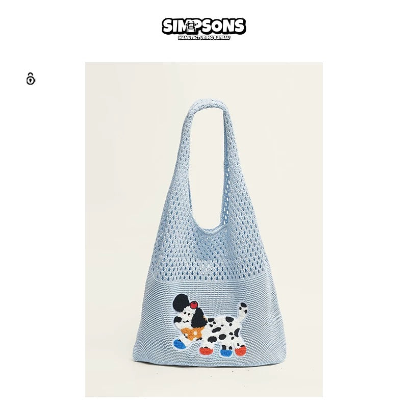 SIMS Summer Lightweight Tote Bag with Cute Puppy Embroidery, Green Knit Tote Bag, Women's Shoulder Bag, Large Capacity Casual Bag