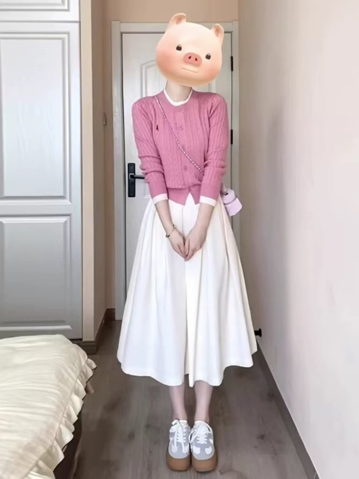 Korean style gentle pink knitted cardigan A-line long skirt two-piece set fashionable and age-reducing early autumn wear a complete set