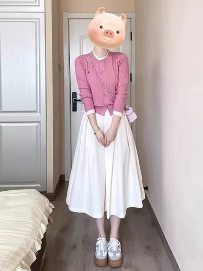 Korean style gentle pink knitted cardigan A-line long skirt two-piece set fashionable and age-reducing early autumn wear a complete set