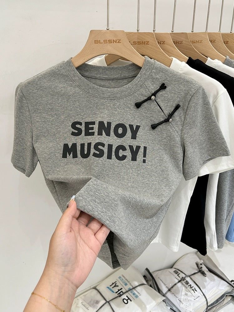 New Chinese style Chinese style disc buckle gray short-sleeved T-shirt for women summer 2024 new design slim short top trendy