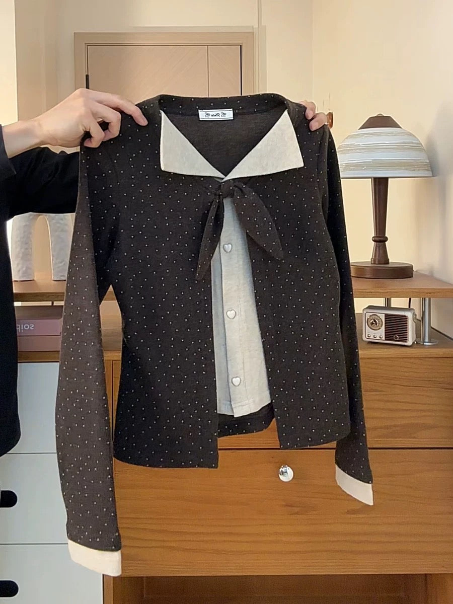 Korean style lapel heart-button faux two-piece women's 3D bow-decorated polka dot V-neck thickened fleece long sleeves