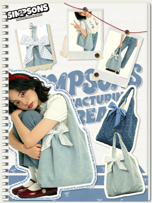 SIMS Original Bow Embroidery Spring/Summer Canvas Tote Bag for Women, Large Capacity, Commuter/Student Shoulder Handbag