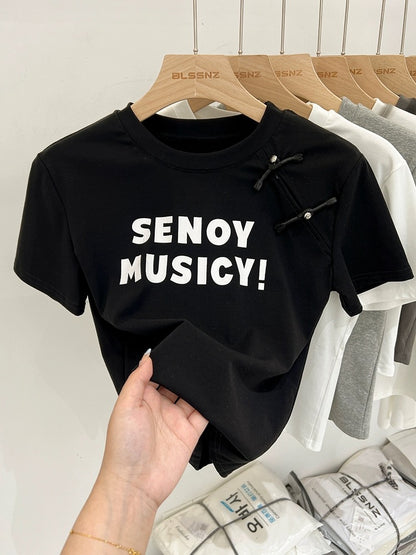 New Chinese style Chinese style disc buckle gray short-sleeved T-shirt for women summer 2024 new design slim short top trendy