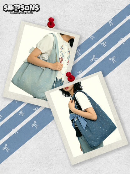 SIMS Original Bow Embroidery Spring/Summer Canvas Tote Bag for Women, Large Capacity, Commuter/Student Shoulder Handbag