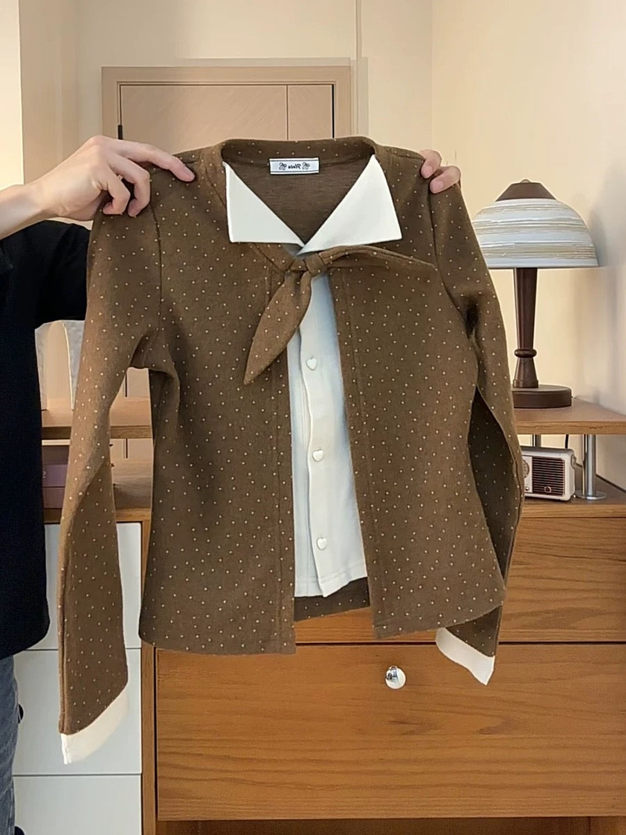Korean style lapel heart-button faux two-piece women's 3D bow-decorated polka dot V-neck thickened fleece long sleeves
