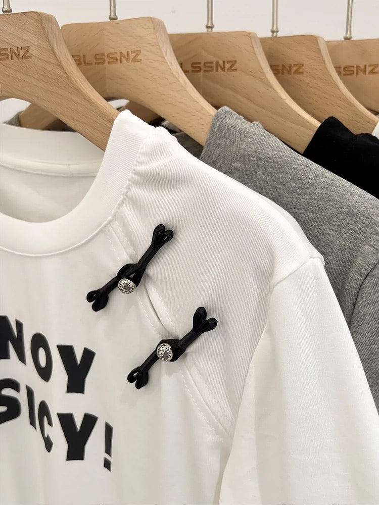 New Chinese style Chinese style disc buckle gray short-sleeved T-shirt for women summer 2024 new design slim short top trendy