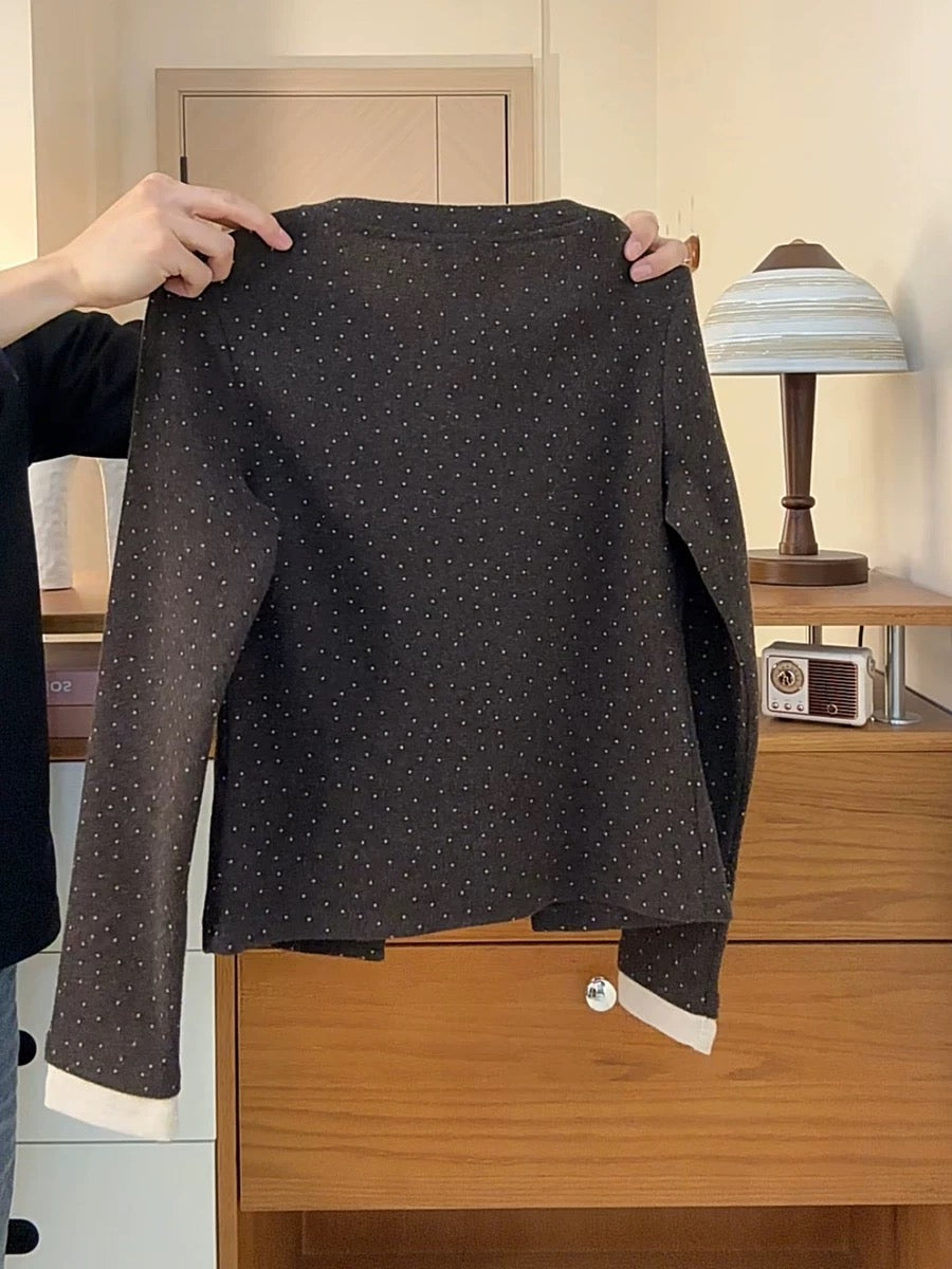 Korean style lapel heart-button faux two-piece women's 3D bow-decorated polka dot V-neck thickened fleece long sleeves